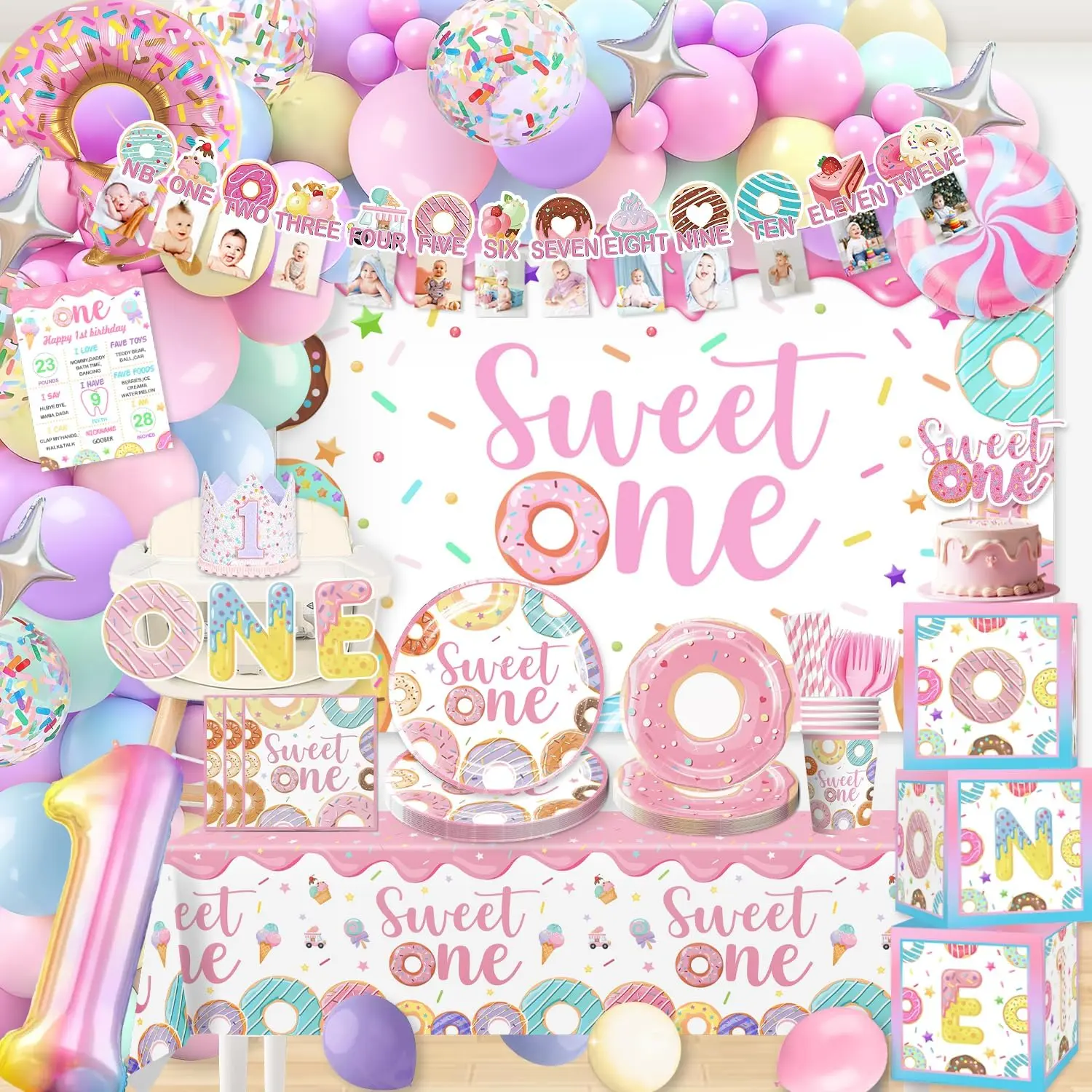 252 count -In- Sweet  Birthday Party Decorations Set Include Sweet  Balloon Arch Tableware Balloon Box High Chair Banner Backdrop, etc. for 1st Birthday Decorations Girl, Serves 20
