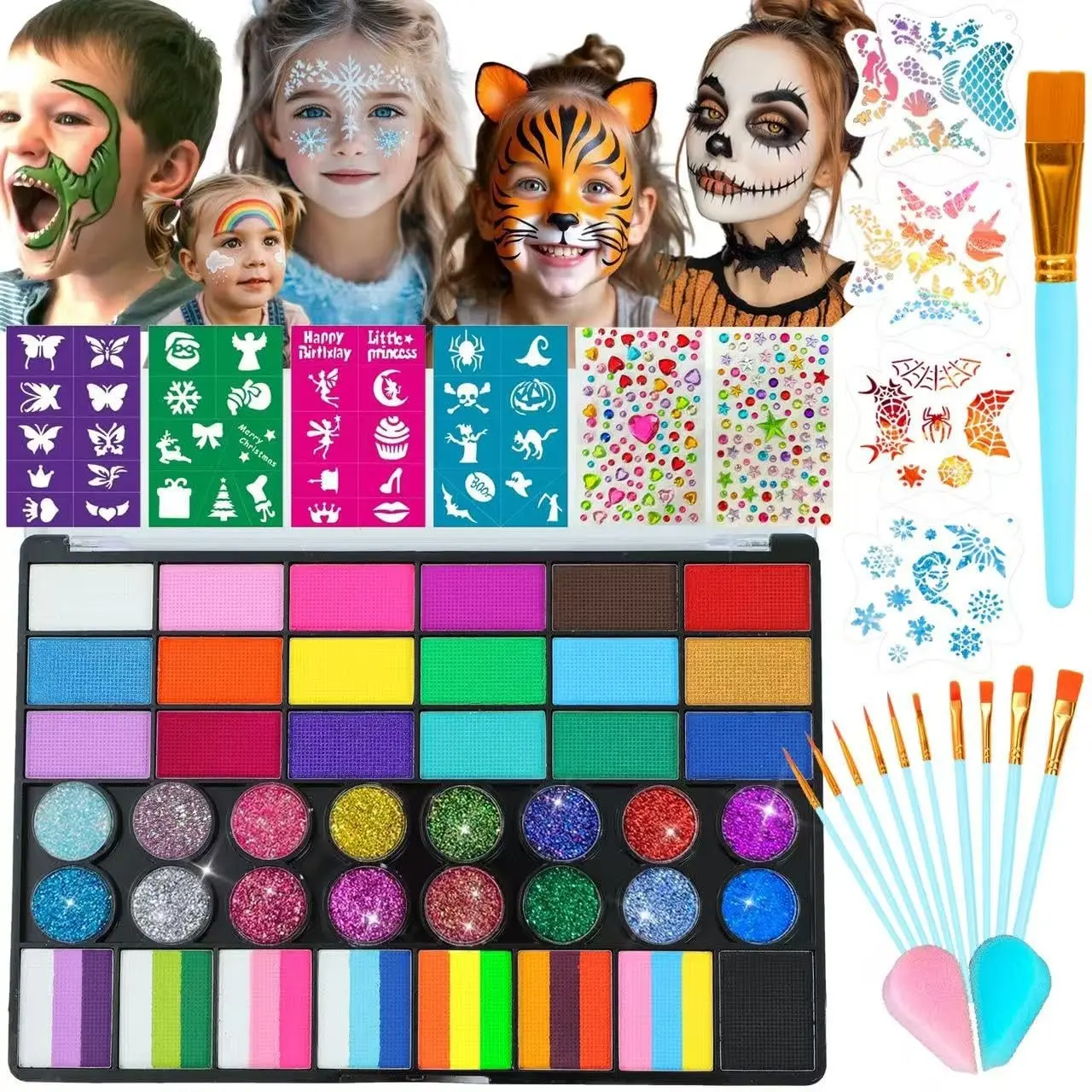 42 Colors Face Painting Kit for Kids - Non-Toxic Water Activated Professional Face Paint Palette with Brushes, Stencils, Sponges & Gems for Parties, Halloween & ChristmasGift