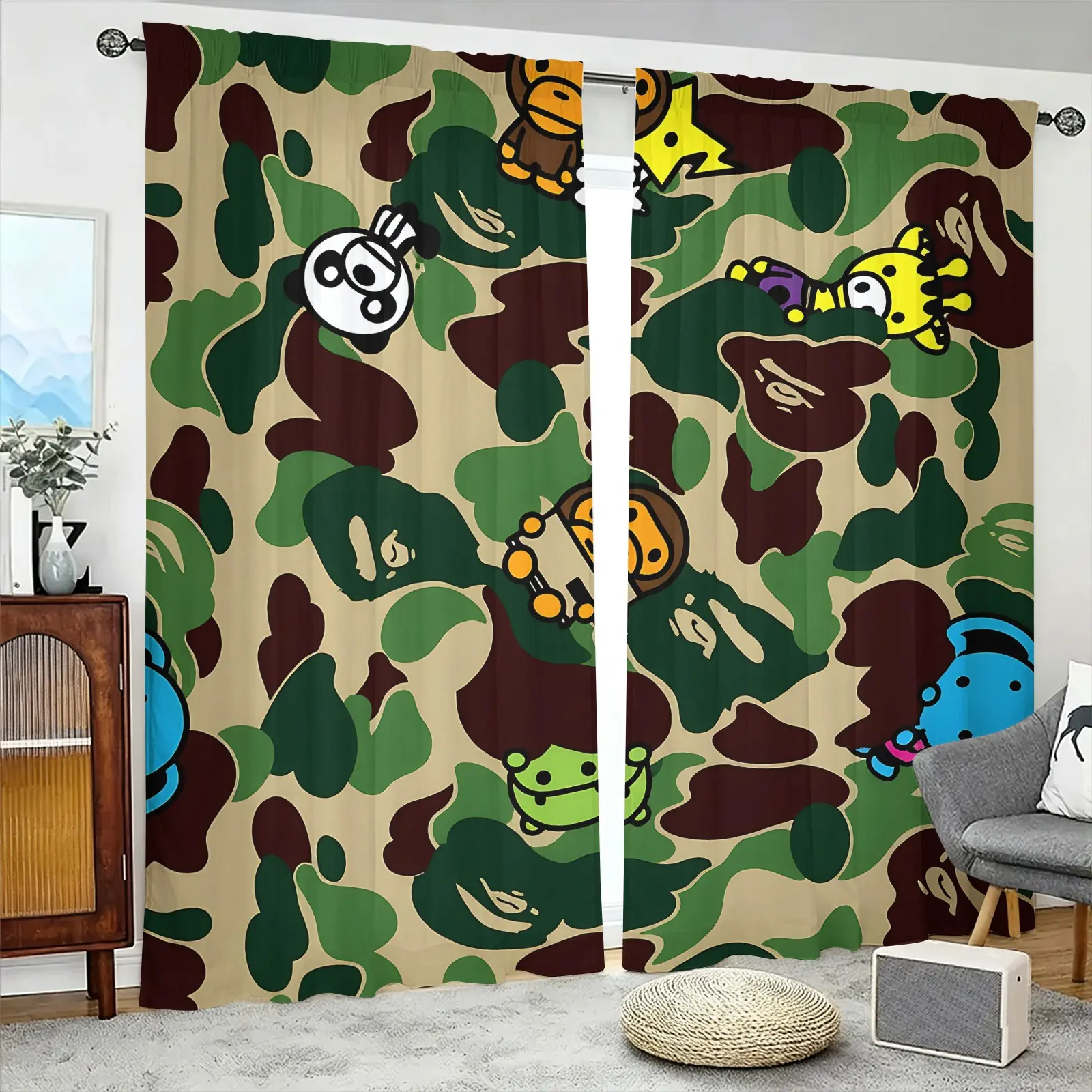 Childlike Camouflage Cartoon Monkey Giraffe Alien Decorative Curtains, Two-Piece Rod Pocket Design, No Drilling Easy Install, Privacy Noise Reduction Drapes, For Teens Bedroom Dorm Kids Room Decoration