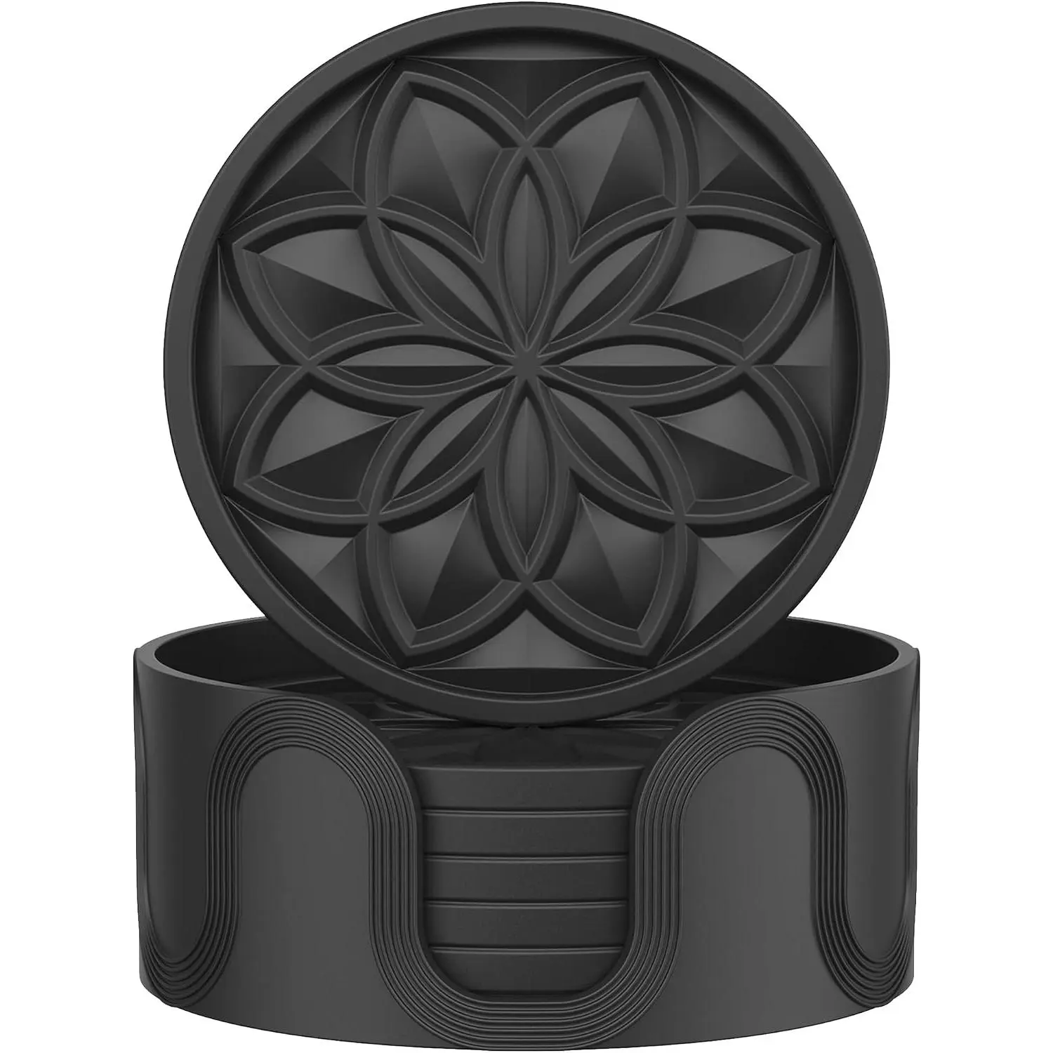 Coasters Set with Holder - 6 Pack Drink Coasters for Coffee Table, Bar, Desk - Tabletop Protection  - Black