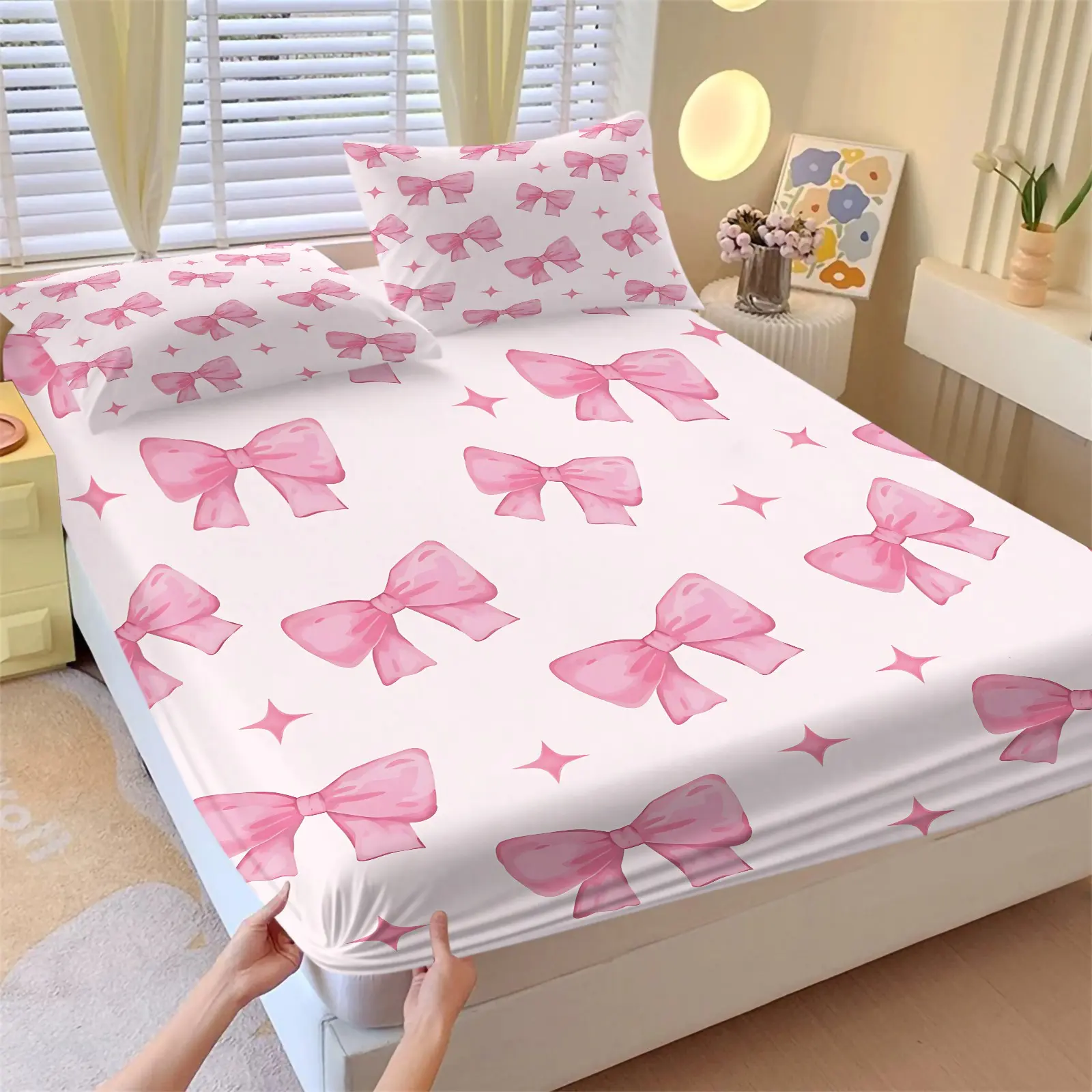 3PCS White Base Pink Bow Star Fitted Sheet Set (1 Fitted Sheet + 2 Pillowcases, No Pillows Included),Soft Breathable Fabric,Home HD Digital Printing,Cute Girly All Season Bedding,Sweet Girly Summer Vibes, Bed Sheet Sets