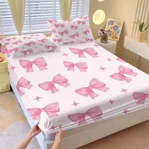 3PCS White Base Pink Bow Star Fitted Sheet Set (1 Fitted Sheet + 2 Pillowcases, No Pillows Included),Soft Breathable Fabric,Home HD Digital Printing,Cute Girly All Season Bedding,Sweet Girly Summer Vibes