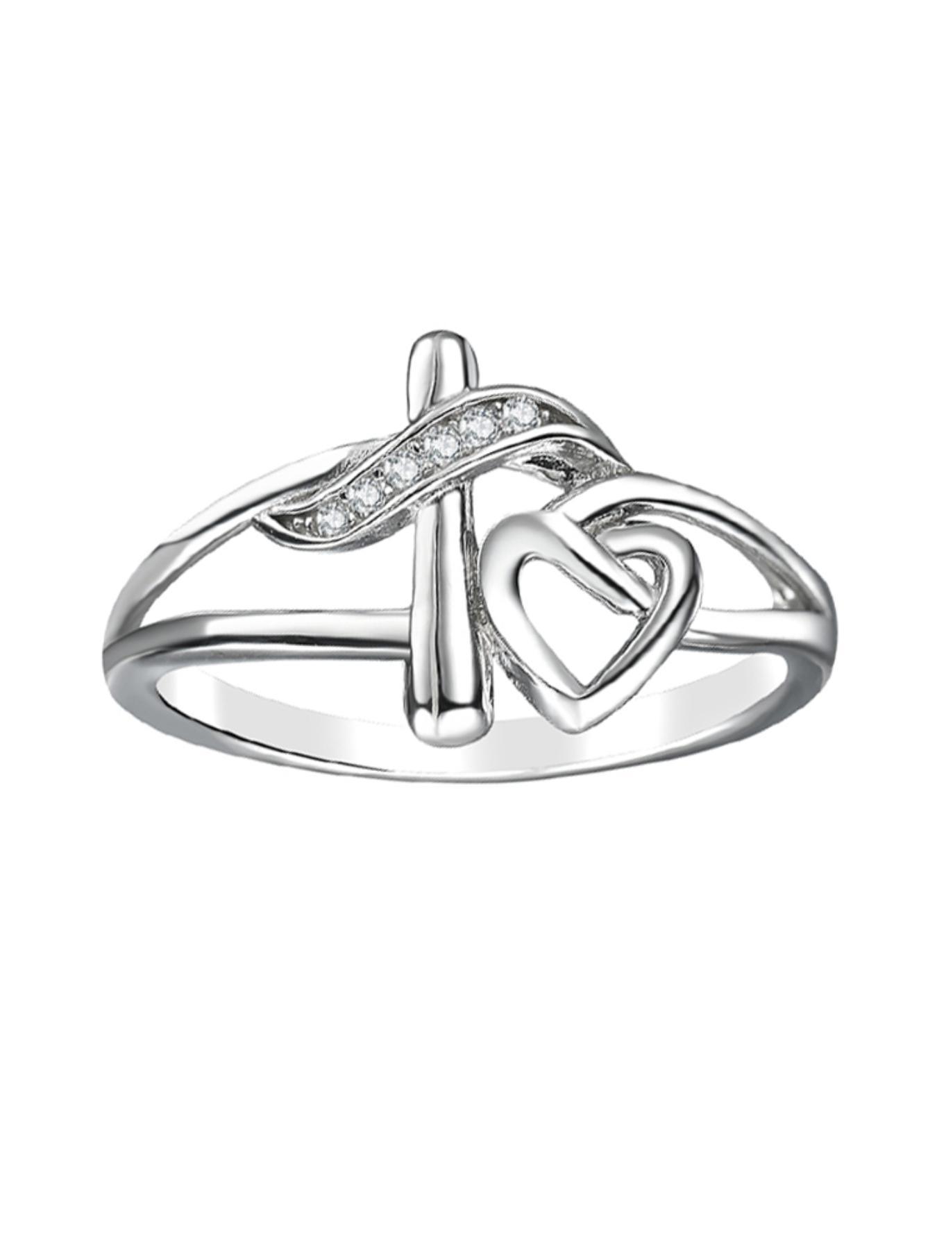 S925 Sterling Silver Hollow Out Cross & Heart Design Ring for Women, Heart Shaped Ring, Fashion Jewelry for Party, Daily Decor, Trendy All-match & Exquisite Jewelry for Birthday Gift, with Box