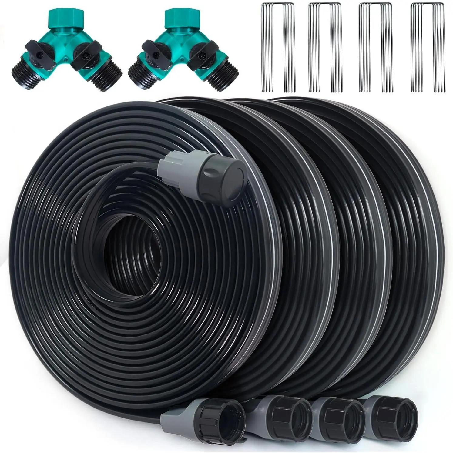 Sprinkler Hose with Holes, Flat Soaker Hose 100 Ft (25 ft 4pack) with Garden Staples and Splitters, Watering Drip Irrigation Hoses for Lawn, Vegetable and Garden Beds (100 ft)