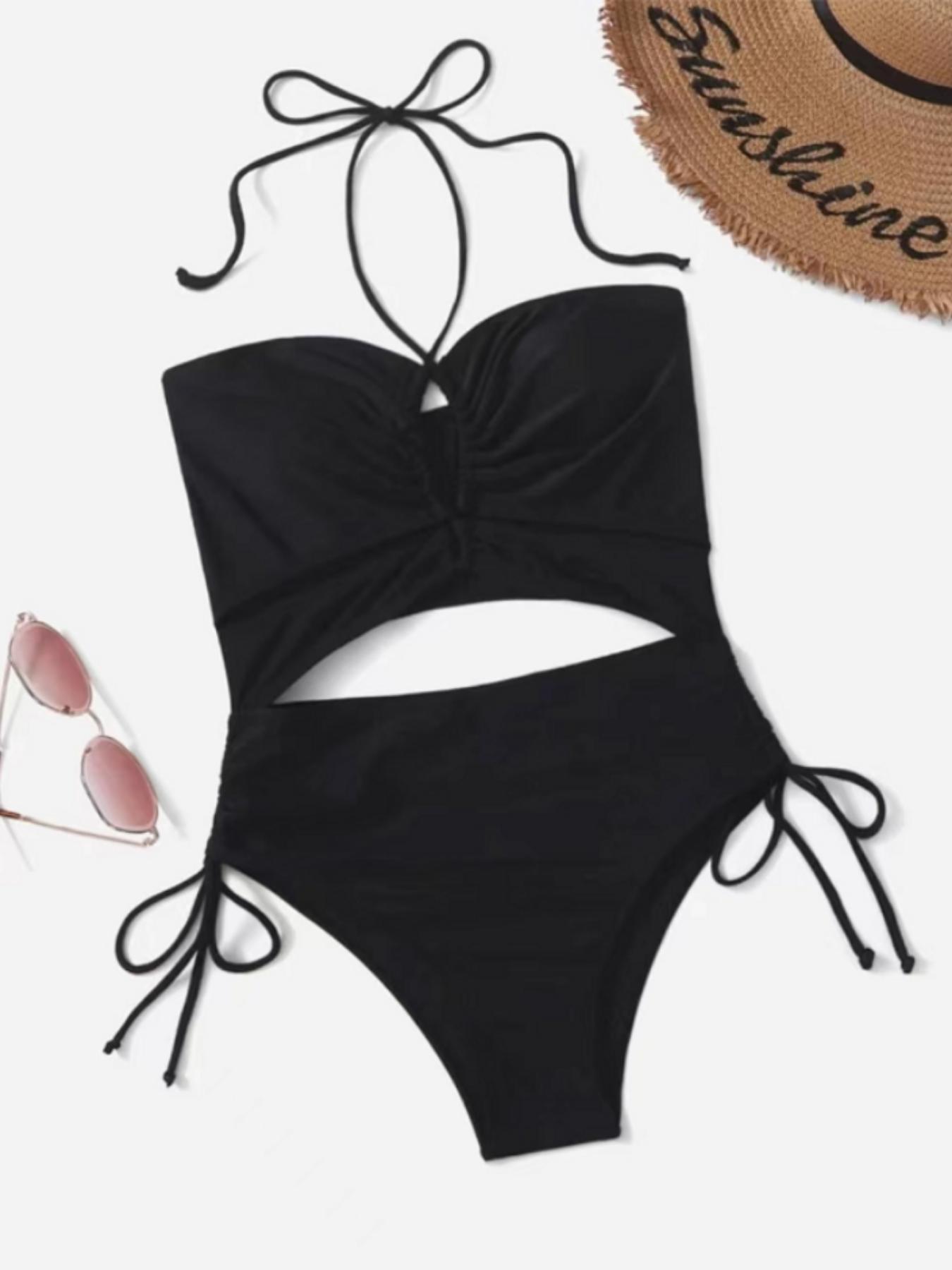 Women's Plain Cut Out Drawstring Swimsuit, Casual Halter Backless One-piece Swimwear, Ladies Summer Beach Vacation Bathing Suit, Summer Clothes Women, Cutout Swim Suit, Cutout Bathing Suits, Swimsuit Beachwear, Summer Swimsuits