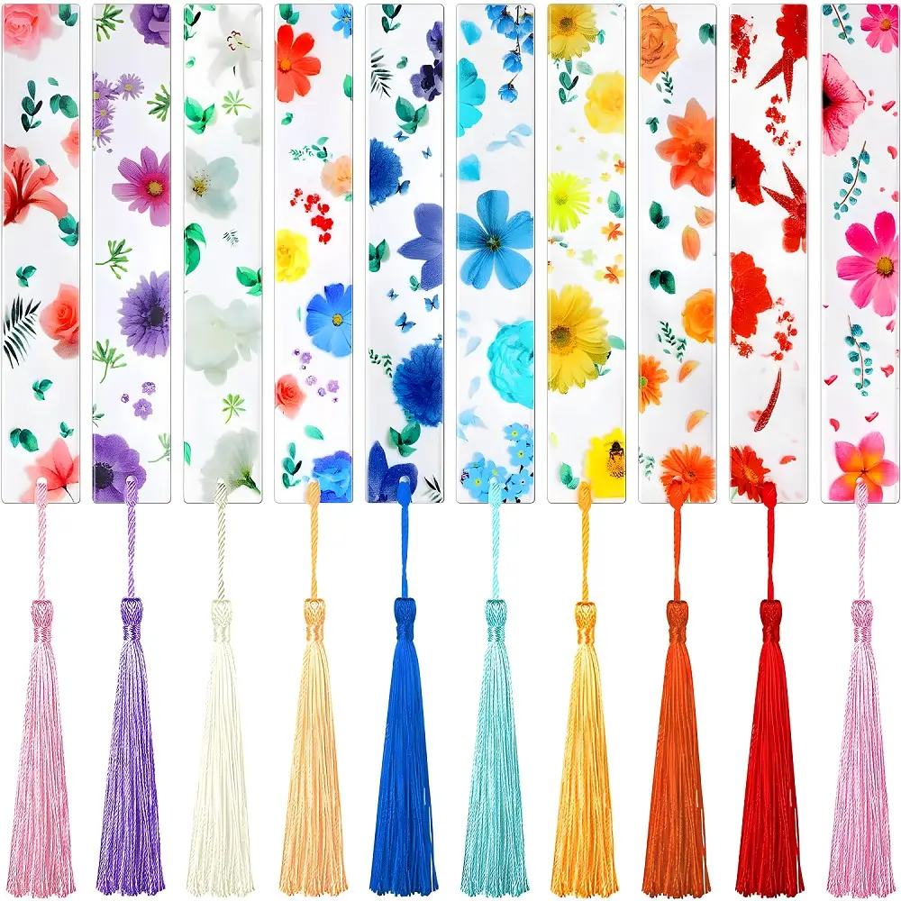 10pcs Flower Resin Bookmarks, Transparent Floral Bookmarks for Women, Cute Bookmark with Tassels, Graduation Gift Idea