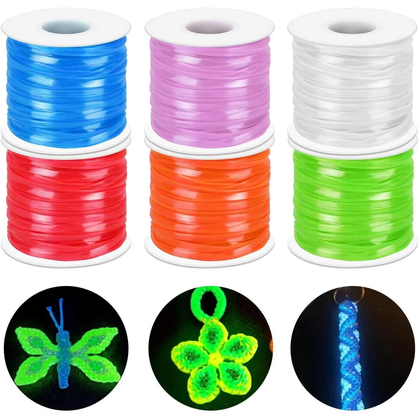 Lanyard String Kit, 6Pack Glow in Dark Plastic Lacing Cord Gimp String Lanyard Weaving Kit for Boondoggle, Bracelets, Keychains, Crafts