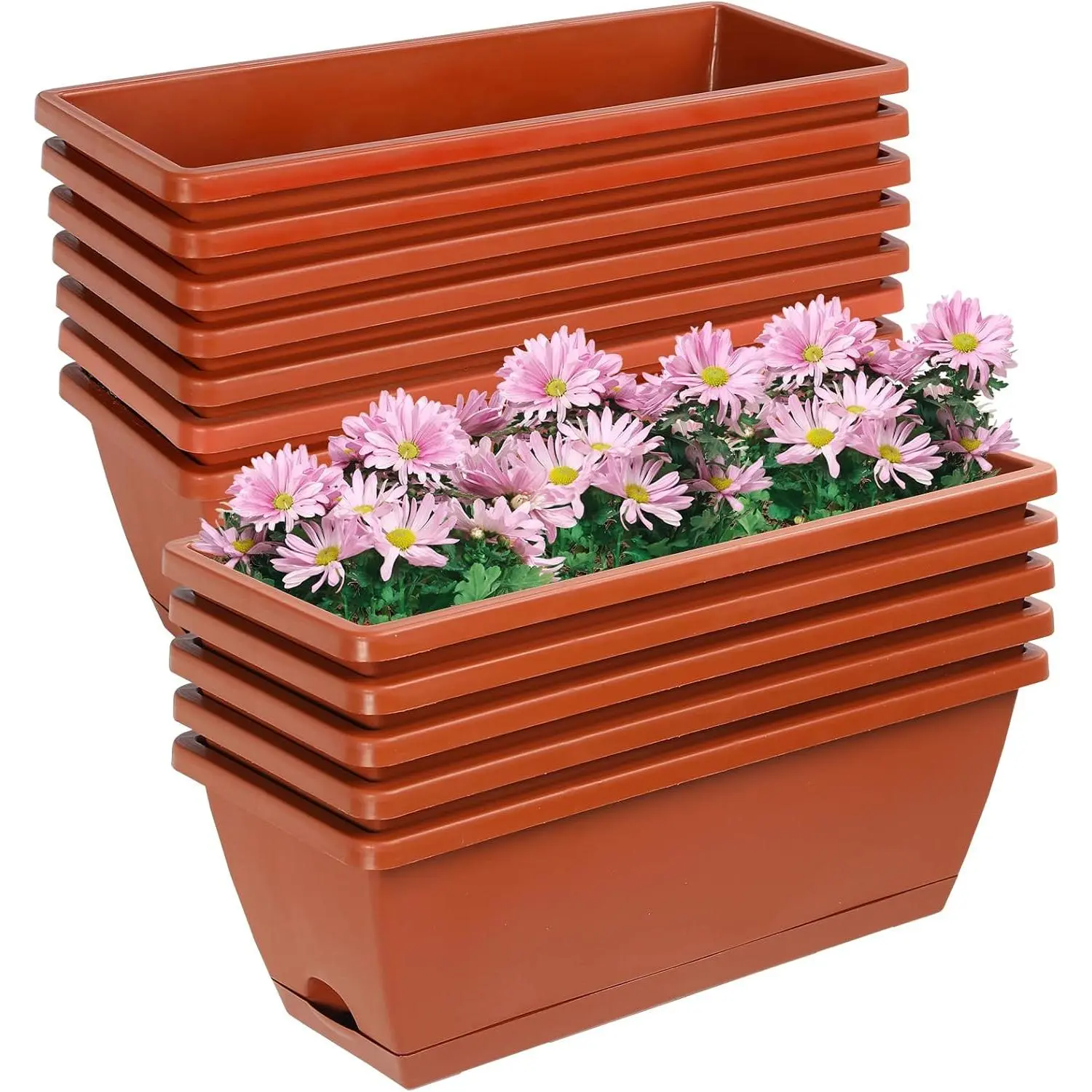Plastic Planter Boxes (12-Pack, 17in Rectangle) with Drainage Holes, Trays, Sunlight-Safe Design & Waterproof Base for Indoor Outdoor Patio Garden Decor