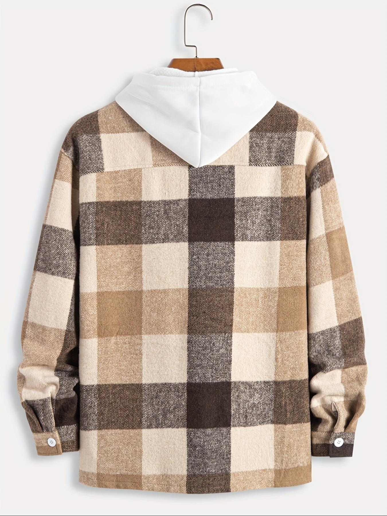 Men's Plaid Print Checked Button Front Collared Jacket without Hoodie, Loose Casual Drop Shoulder Long Sleeve Collar Outerwear for Fall & Winter, Men's Clothes for Daily Wear, Menswear