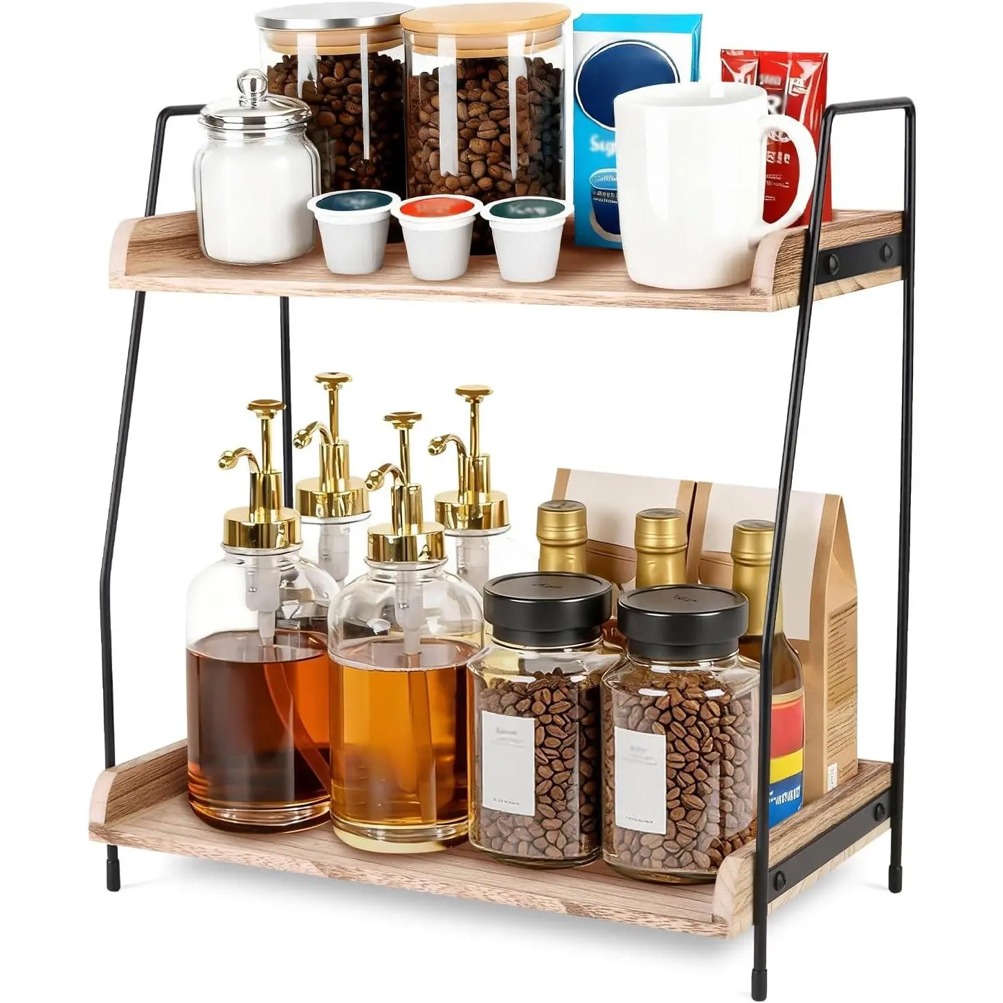 Brown 2-Tier Countertop Coffee Bar Organizer, Metal Frame Wooden Coffee Station Storage Rack for Coffee Pods, Syrup Bottles, Cups, Mugs & Tea Bags, Space Saving Kitchen Counter Coffee Accessory Shelf