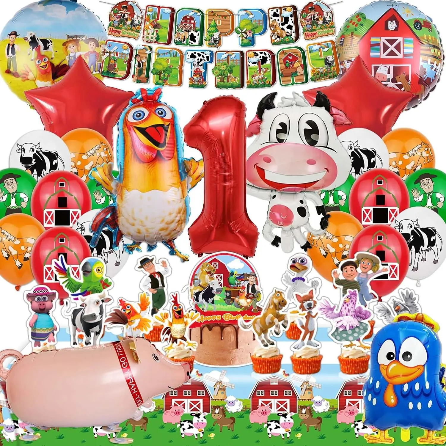 Farm Theme Birthday Decorations, Party Decorations, Birthday Party Supplies, Banner, Balloons, Tablecloth, Cupcake Toppers, Large Cake Decorations, Table Cover (1 year old)