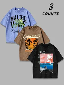 Men's California Malibu Coconut Tree Sunset Washed Short Sleeve T-Shirt Set, American Vacation Retro Casual Top, Loose-Fitting Tropical Pattern