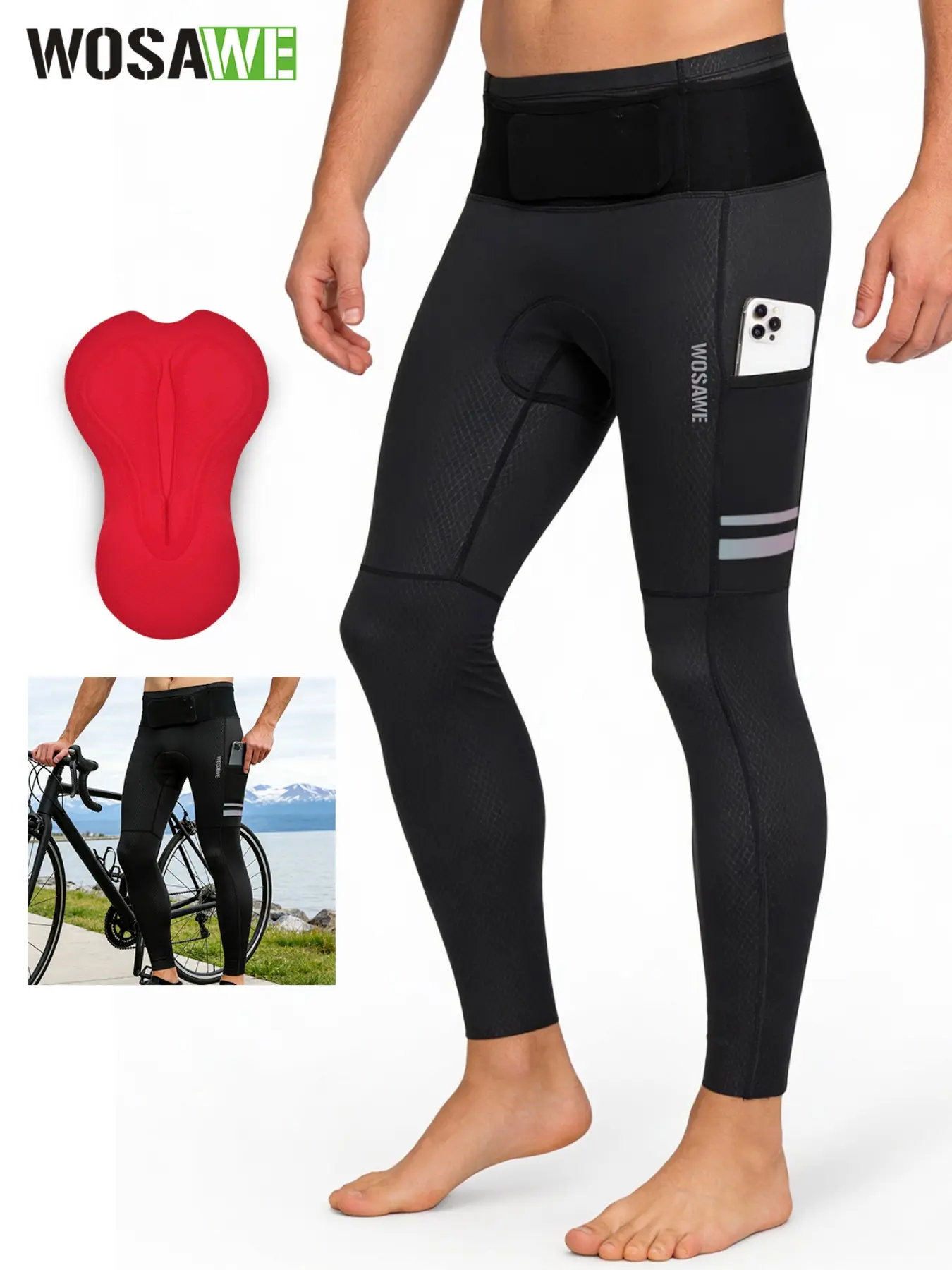 WOSAWE Men's Cycling Pants Breathable 3D Padded Compression Tights Bike Long Trousers with Waist Pocket