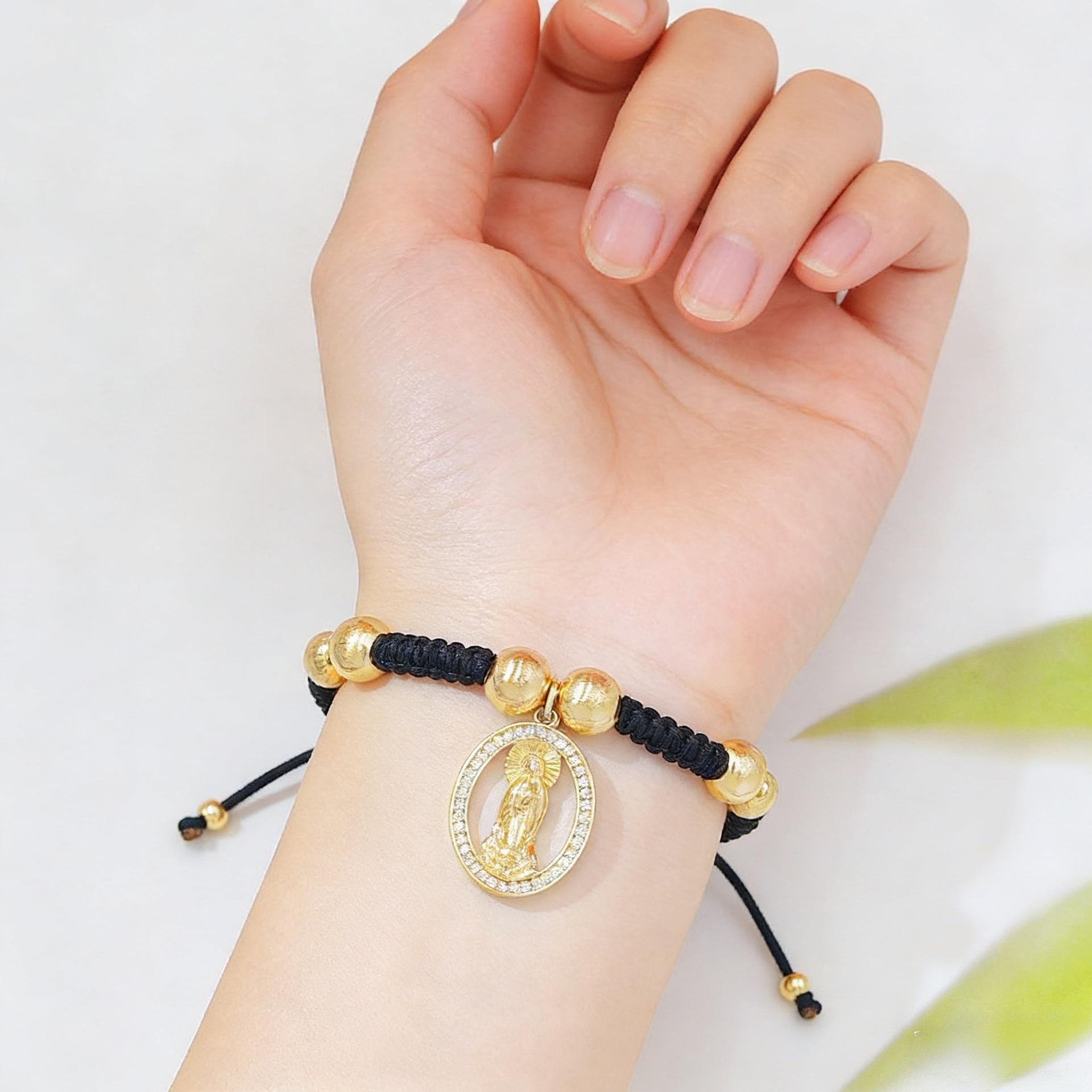 Cubic Zirconia Virgin Mary Red Rope Bracelet, Handmade Braided Adjustable Design with Gold Beads, Religious Inspired Jewelry for Women, Perfect for Daily Wear, Party & Spiritual Gift Giving