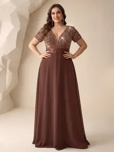 Elegant V-Neck Beaded Short Sleeve Chiffon Dress, Waist-Cropped Long A-Line Party Gown, Luxurious Evening Wear for Special Occasions