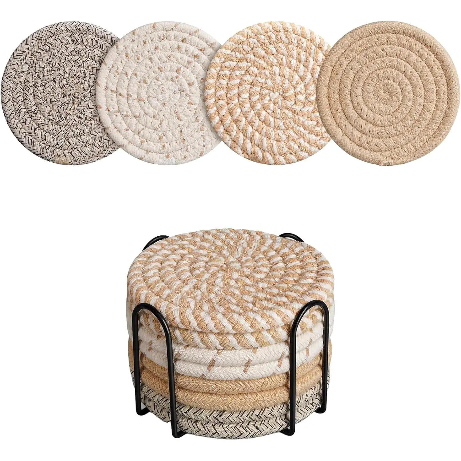 Coasters Set of 8 with Holder, Boho Cotton Woven Absorbent Drink Coasters in 4 Colors for Coffee Table, Beer, Tea and Home Decor