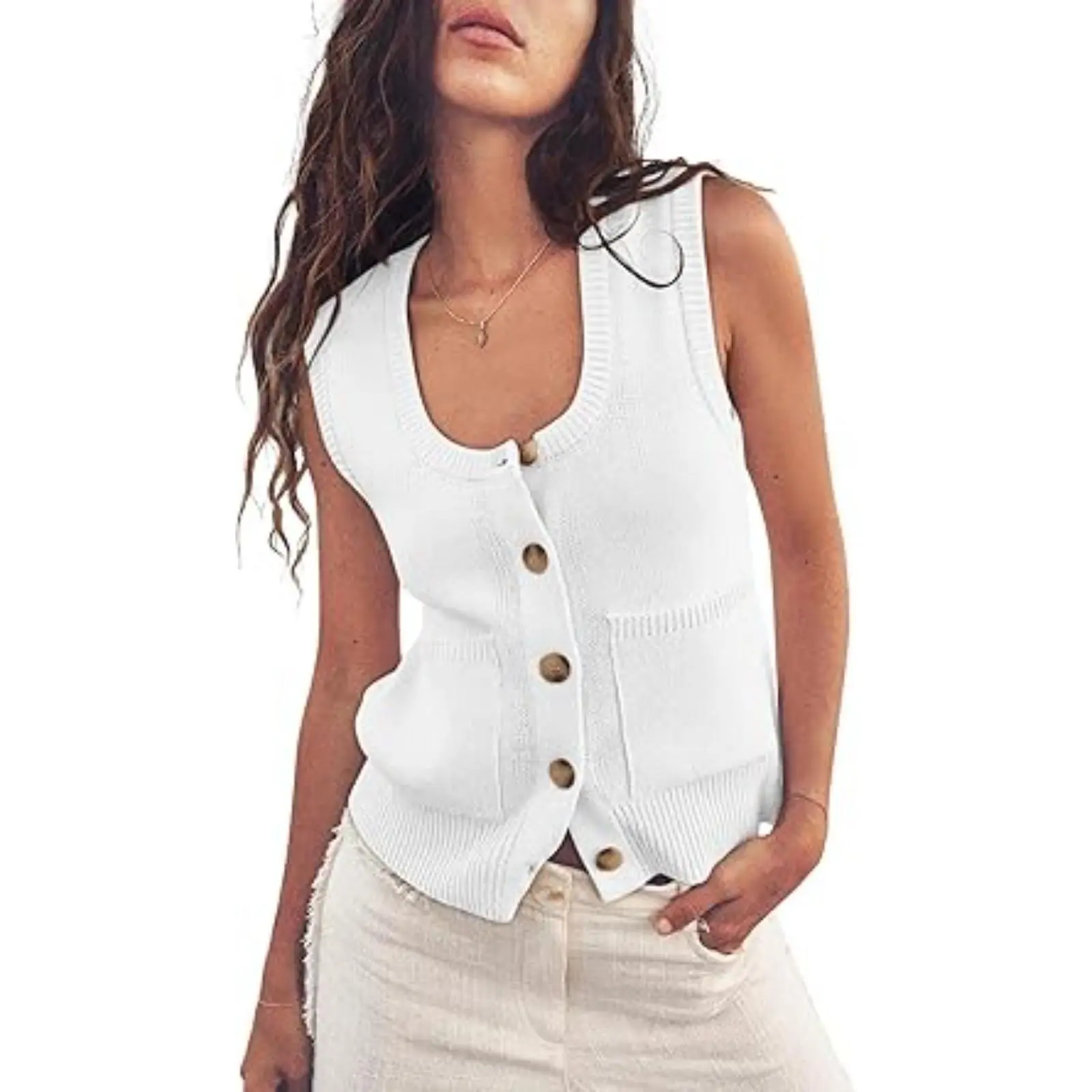 Yousify Womens Sweater Vest Summer Ribbed Tank Tops Sleeveless Button Down Shirts Scoop Neck Top for Women