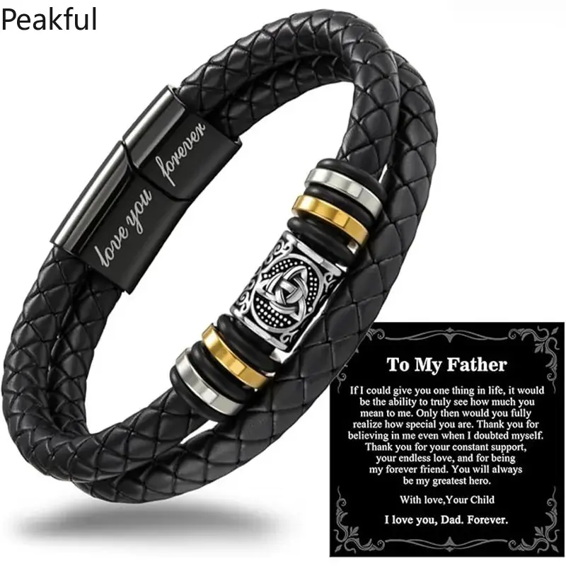 Celtic Knot Braided Leather Bracelet for Dad, Engraved "Love You Forever" Stainless Steel Clasp, Adjustable Sentimental Gift for Father's Day, Christmas & Graduation