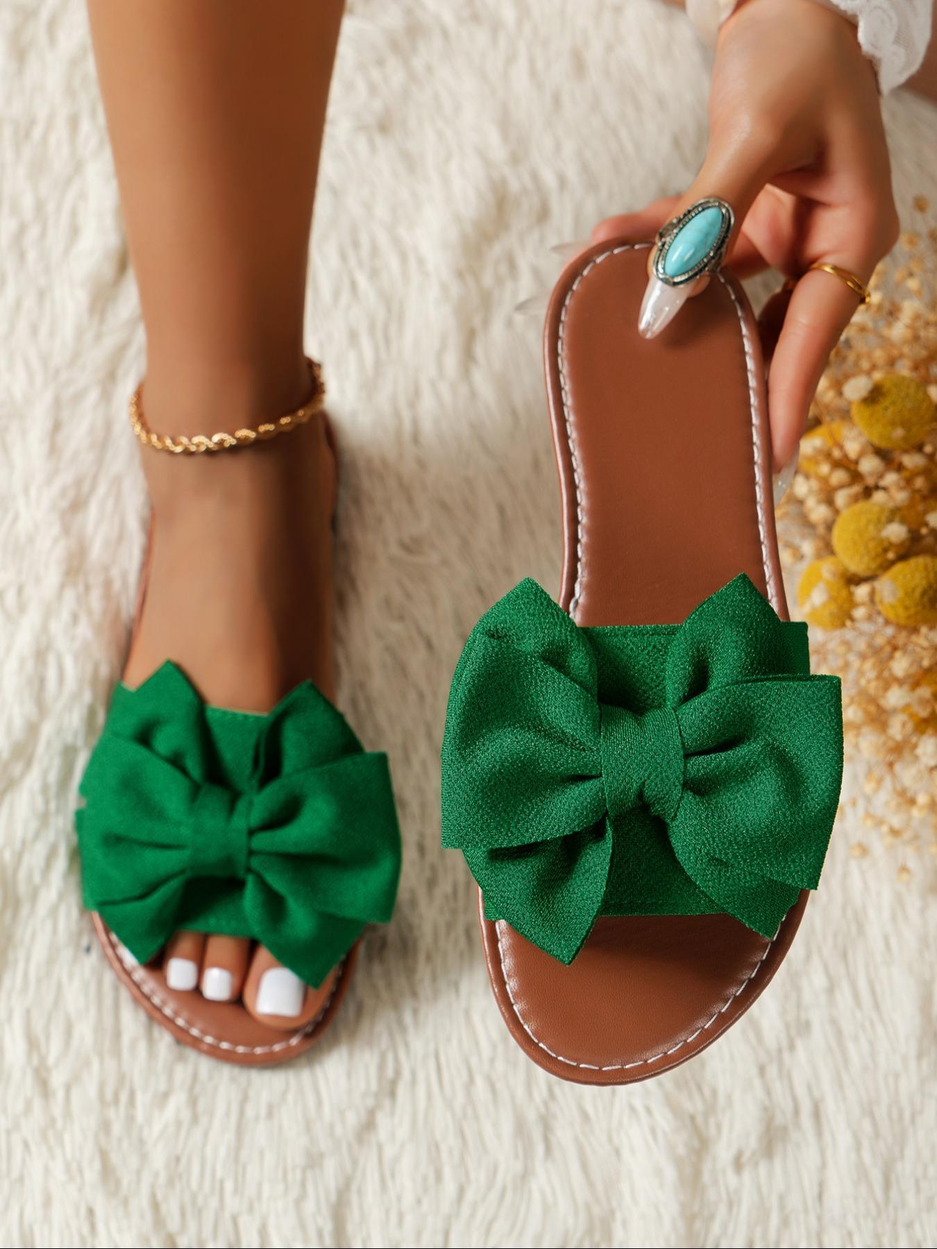 Women's Bow Decorated Slip on Flat Sandals, Boho Style Sandal, Simple Plain Lightweight Non-slip Sandals for Summer, Casual Home Sandals for Outdoor Beach