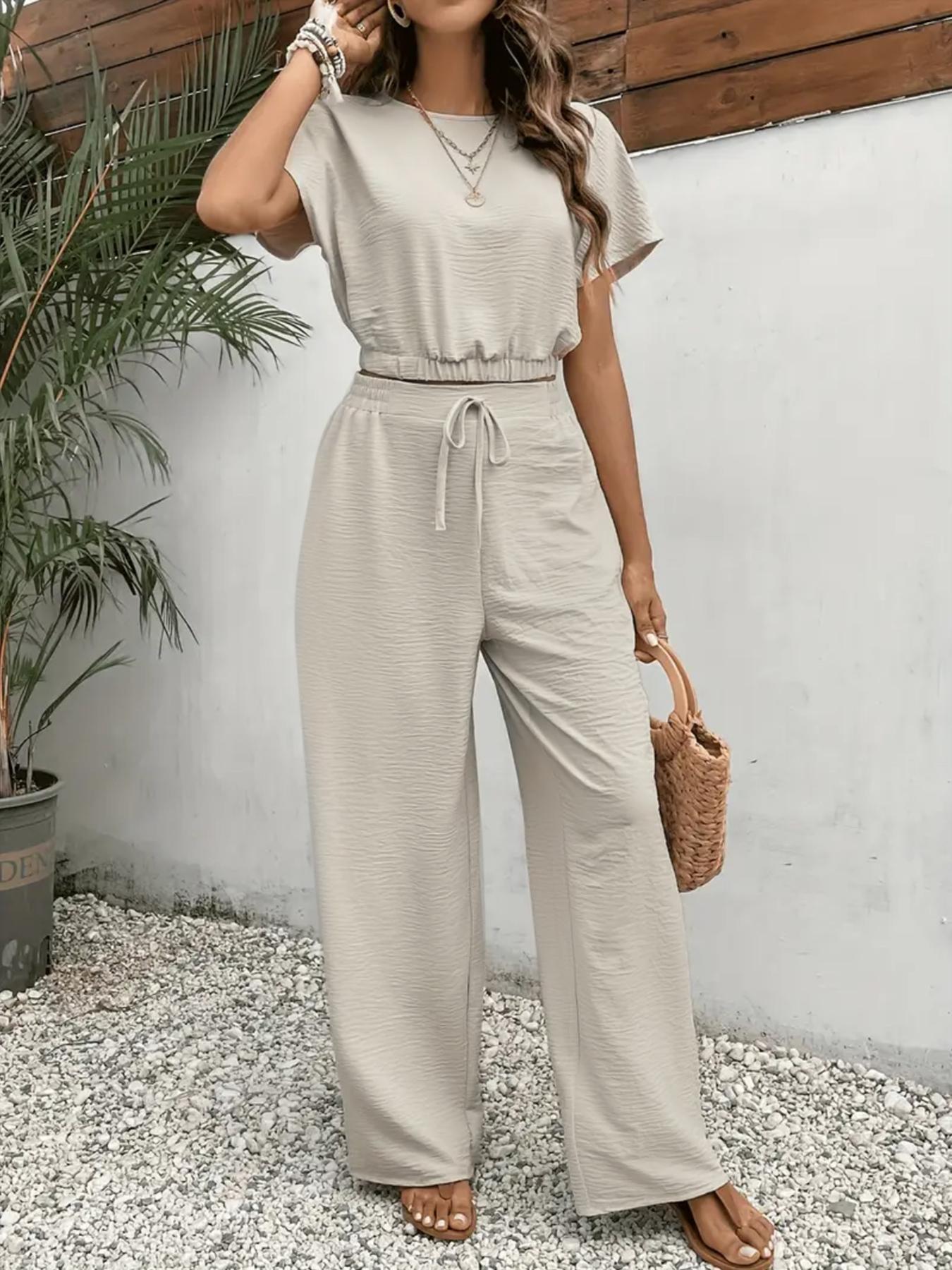 Women's Solid Color Top & Wide Leg Pants Two-piece Set, Casual Round Neck Top & Elastic Waist Drawstring Trousers for Summer, Ladies Clothes for Daily Wear, Womenswear Women's Solid Color Top & Wide Leg Pants Two-piece Set, Casual Round Neck Top & Elastic Waist Drawstring Trousers for Summer, Ladies Clothes for Daily Wear, Womenswear
