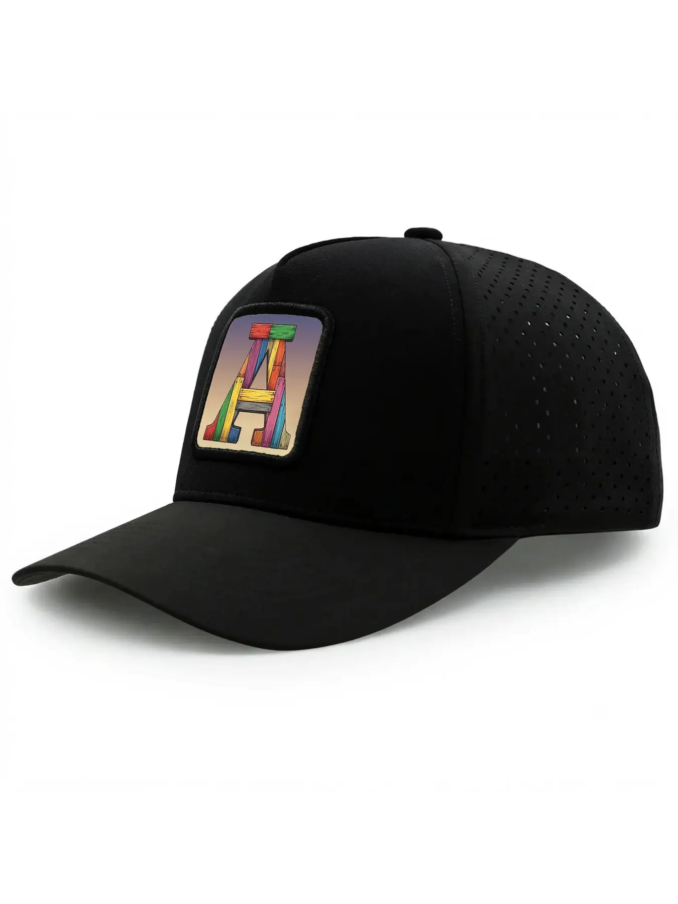 Colorful wooden letter A  Quick Dry Curved Brim Baseball Cap for Men Women, Laser-perforated Breathable Sports Cap, Lightweight Performance Cap for Running Golf Hiking Fishing Outdoor Workout Daily Wear