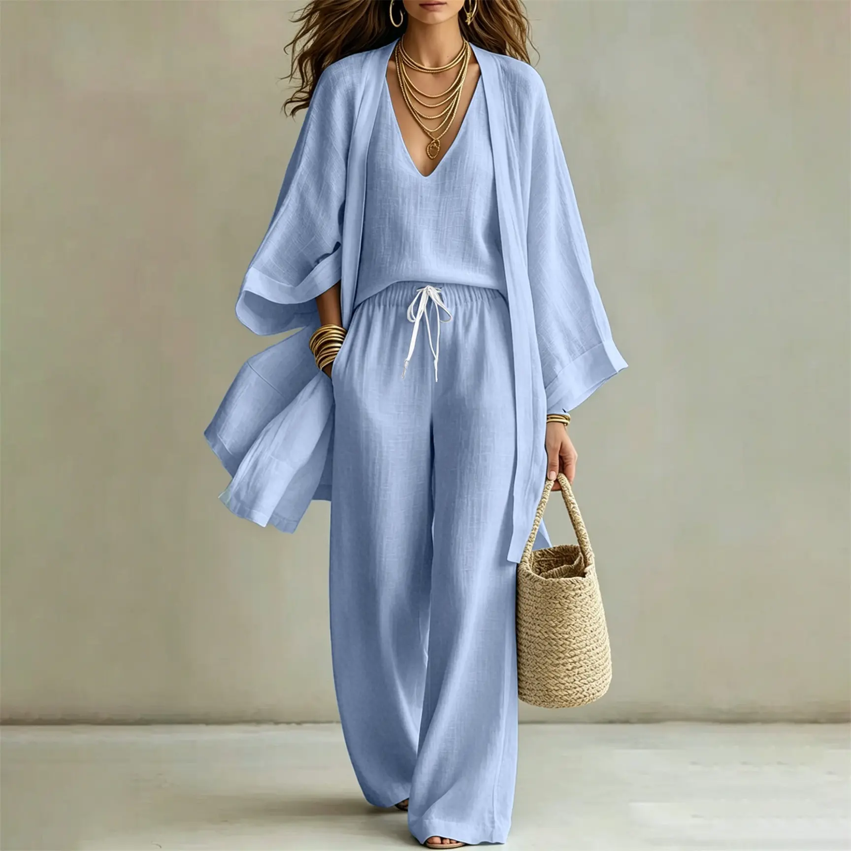 Women’s Effortless 3 Piece Matching Outfit, V Neck Tank Top, Wide Leg Pants & Long Lightweight Layer, Chic Relaxed Fit Set for Vacation, Beach, Travel, Weekend & Everyday Looks