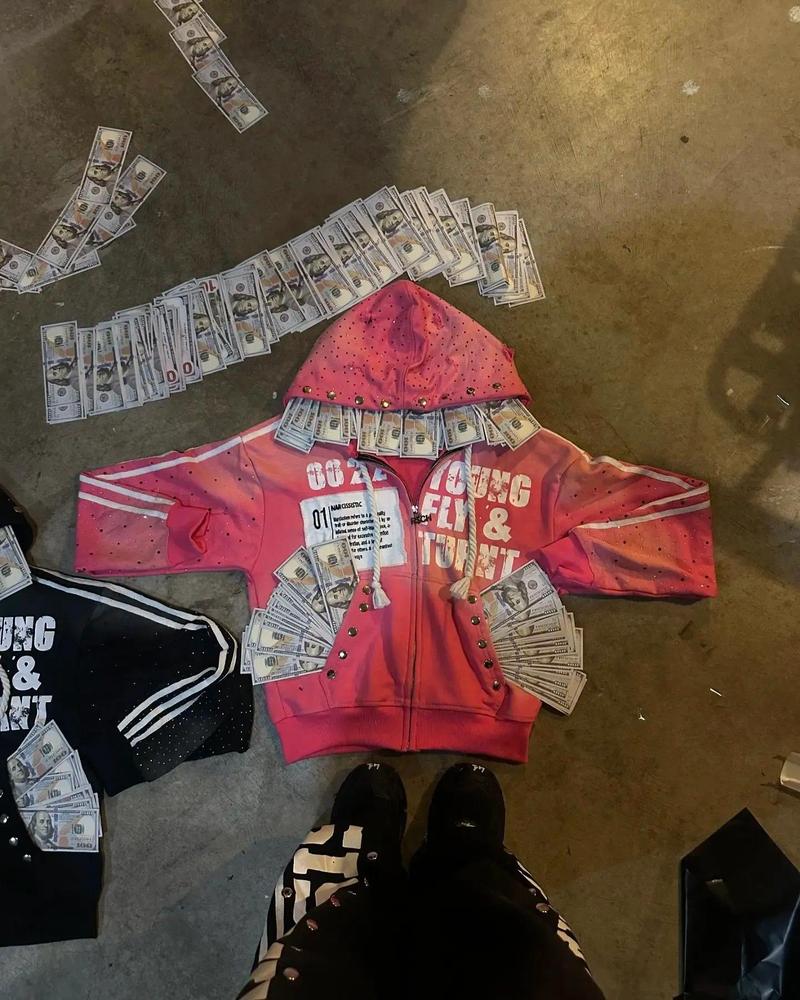 Men's Hoodies America Vintage Sequins Rhinestone Embroidery Zipper Hoodie Men Women Punk Gothic Stripe Patchwork Trendy Sweatshirt