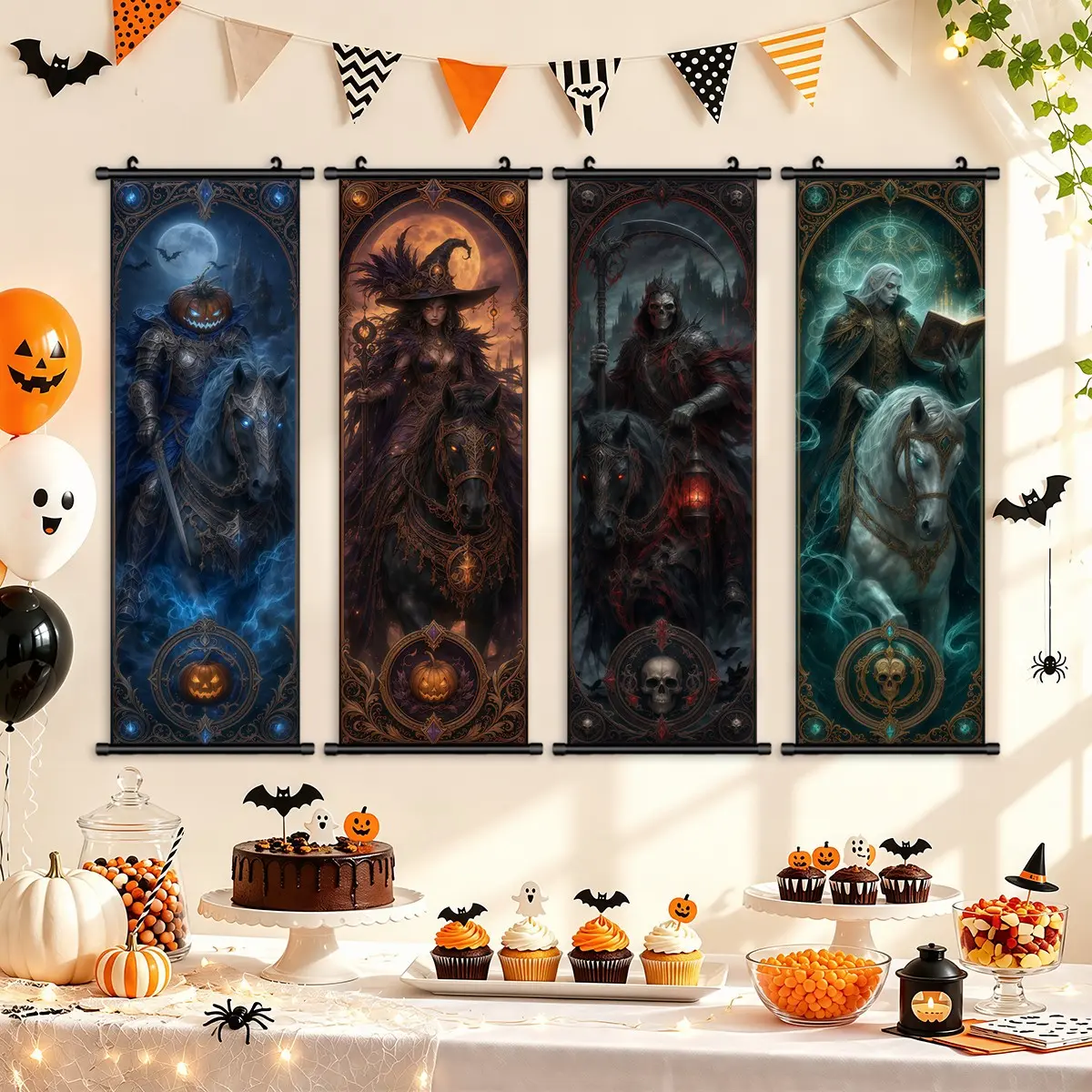 4 Counts Halloween Hanging Scroll Painting， Halloween Gothic Fantasy Horsemen Poster， Family Halloween Decoration， Fun Poster， Party Horror Art， Suitable For Room Bedroom， Living Room Wall Art， Delicate Gift， Waterproof