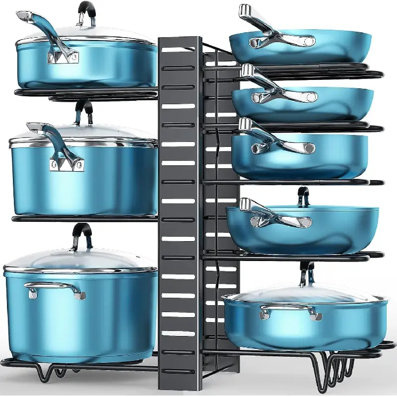 Pots and Pans Organizer for Cabinet 16.61 Height, 8 Tier Pot Organizers Rack with 3 DIY Methods, Adjustable Pan Organizer under Cabinet Kitchen Organization and Storage