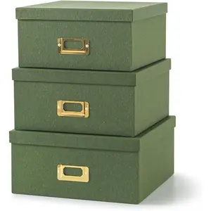 Green Kraft Paper Boxes for Storage - Set of 3 Square Stacking Boxes with Lids and Gold Label Holders, Decorative Photo Storage, Nesting Cardboard Set for Decor and Organizing
