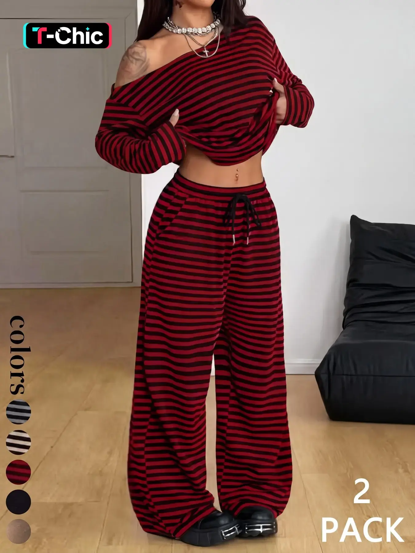 European and American Street Style Four-Season Set, Casual Long Sleeve T-Shirt and Wide Leg Baggy Pants, Comfortable Sportswear for Daily Wear
