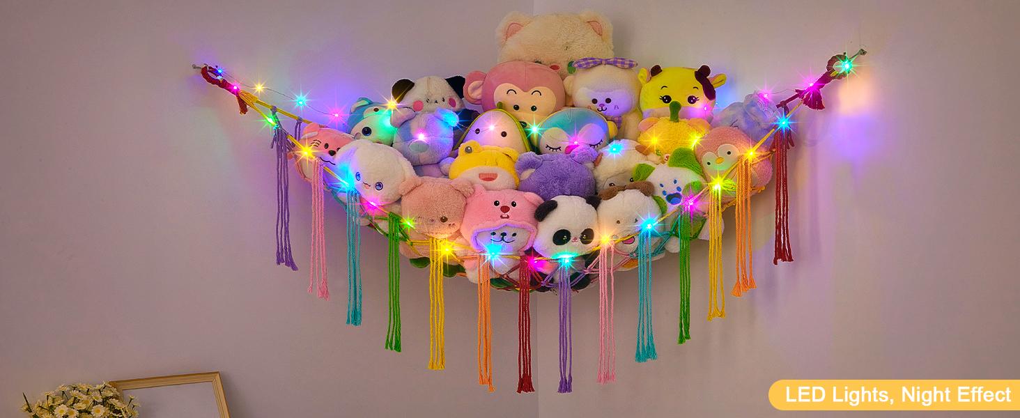Basumee Stuffed Animals Net or Hammock with LED Light, Hanging Stuffed Animals Storage Toy Hammock Net Corner Wall Girls Room Decor Toy Storage Organizer, Pink, XL