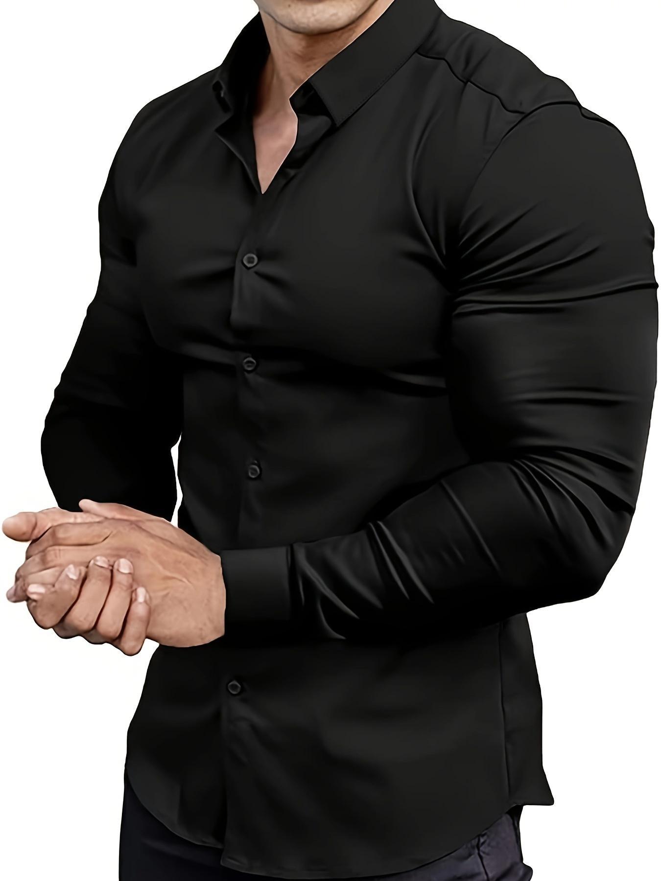 Men's Solid Button Front Shirt, Casual Fitted Shirt, Classic Casual Fashion Long Sleeve Collared Top for Daily Wear, Men's Clothes for All Seasons, Men's Clothing, Longsleeves, Fashionable Shirts