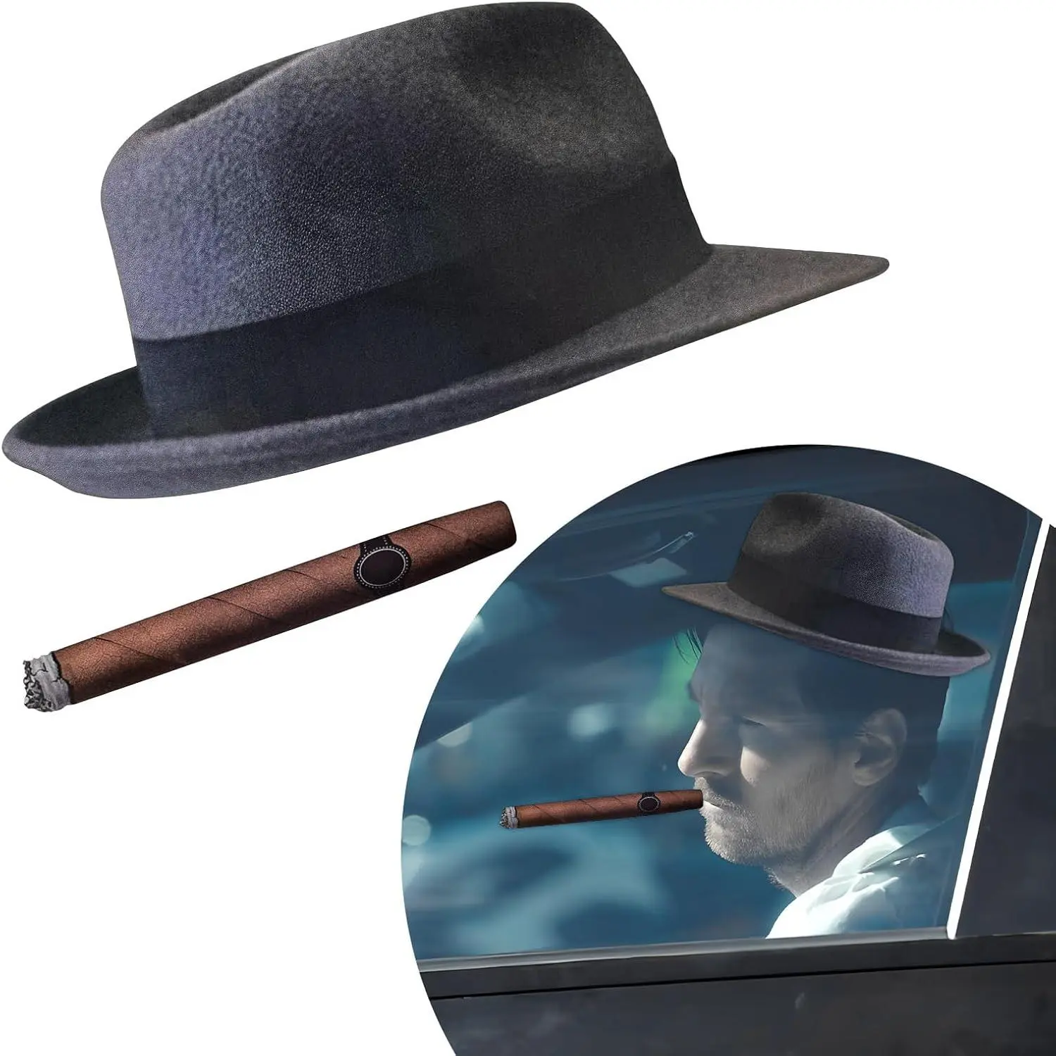 Fedora and Cigar Window Decal, Funny Driving Fake with Hat and Cigar Car Stickers, Waterproof Driving Crooner Decals Vehicle Window Windshield, Car Decor Accessories (Style A)
