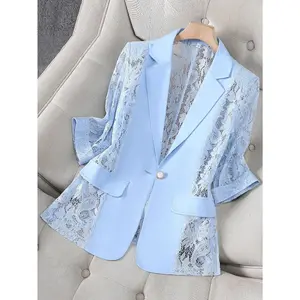 ASANDY Women's Lace Patchwork Blazer, Half Sleeve Open Front Sheer Blazer, Single Button Lightweight Summer Jacket