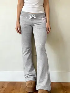 American Street Style Letter Print Drawstring Waist Slim-Fit Pants, Low Rise Knitted Sportswear, Versatile Daily Wear Long Trousers, Drawstring Sweatpants