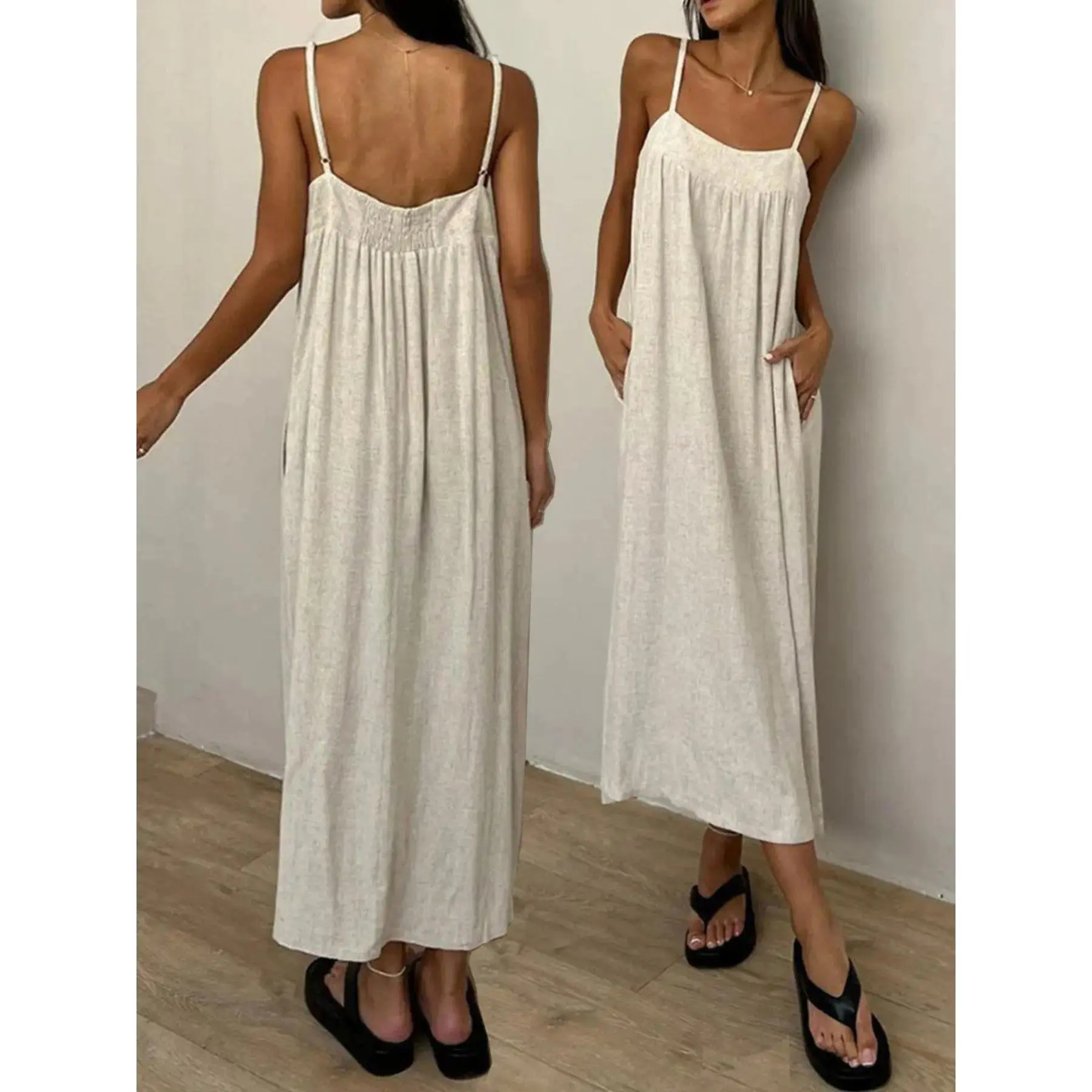 Spring Summer Women's Sleeveless Backless Spaghetti Strap Plain Basic Dress, Comfortable Breathable Loose Long Dress, Casual Fashion for Daily Wear, Casual Fashionable Dress