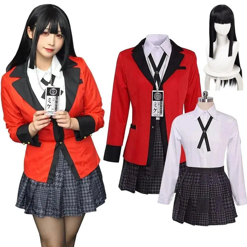 Anime Kakegurui Jabami Yumeko Classic Long Sleeve Cosplay Costume - Sayaka Cartoon Character Japanese JK School Uniform Dress with Necklace for Halloween, Birthday Party Supplies (Costume and Wig Option Available)