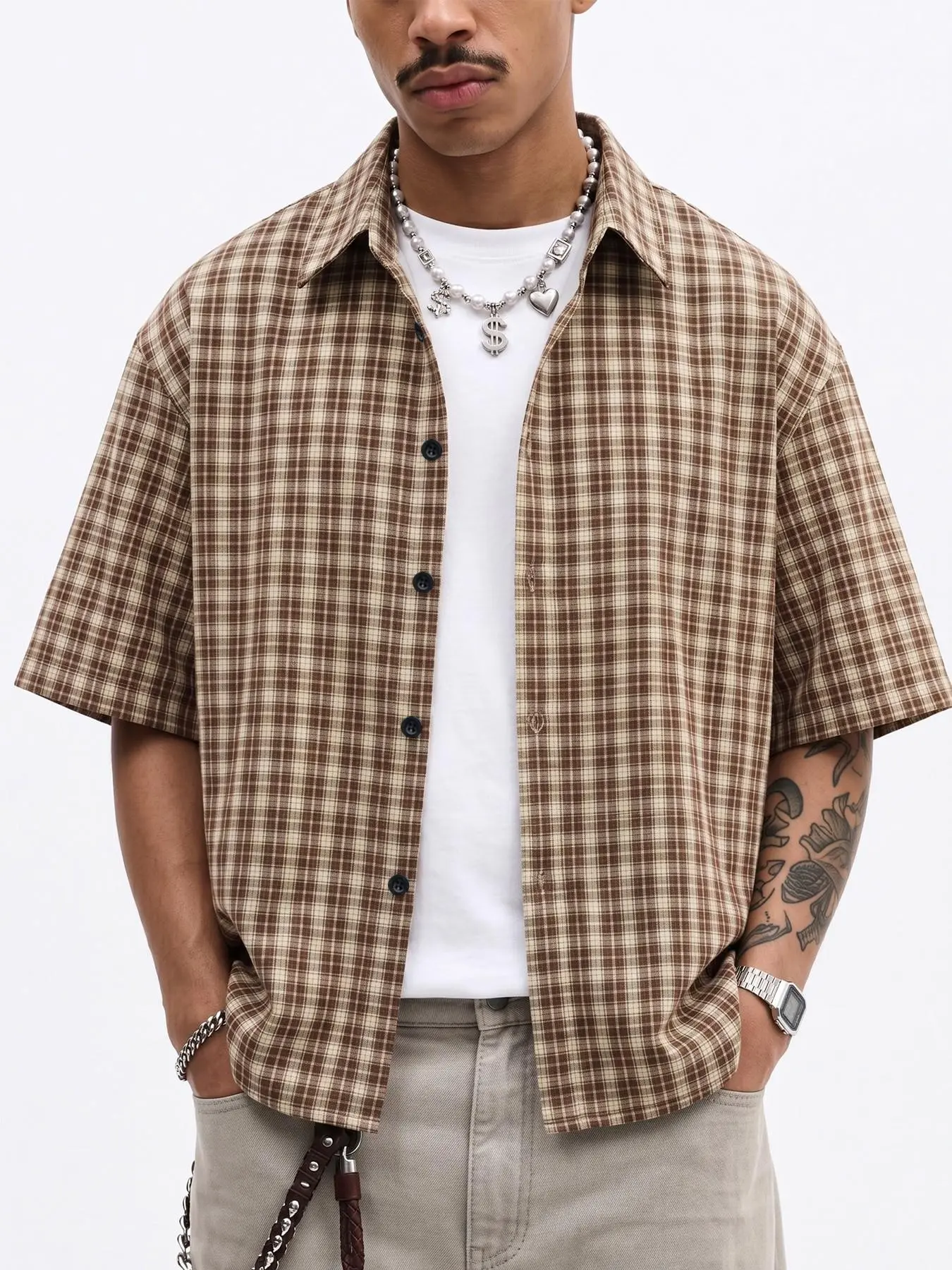 Brown Yellow Plaid Short Sleeve Shirt Men, Aesthetic Shirt, Y2K Casual Streetwear Vintage Oversized Button Up, Summer Loose Fit Shirt, For Daily Wear, Street Style, Men's Retro Streetwear #springsaledeals2026 #summeroutfits #tiktokshopmademe