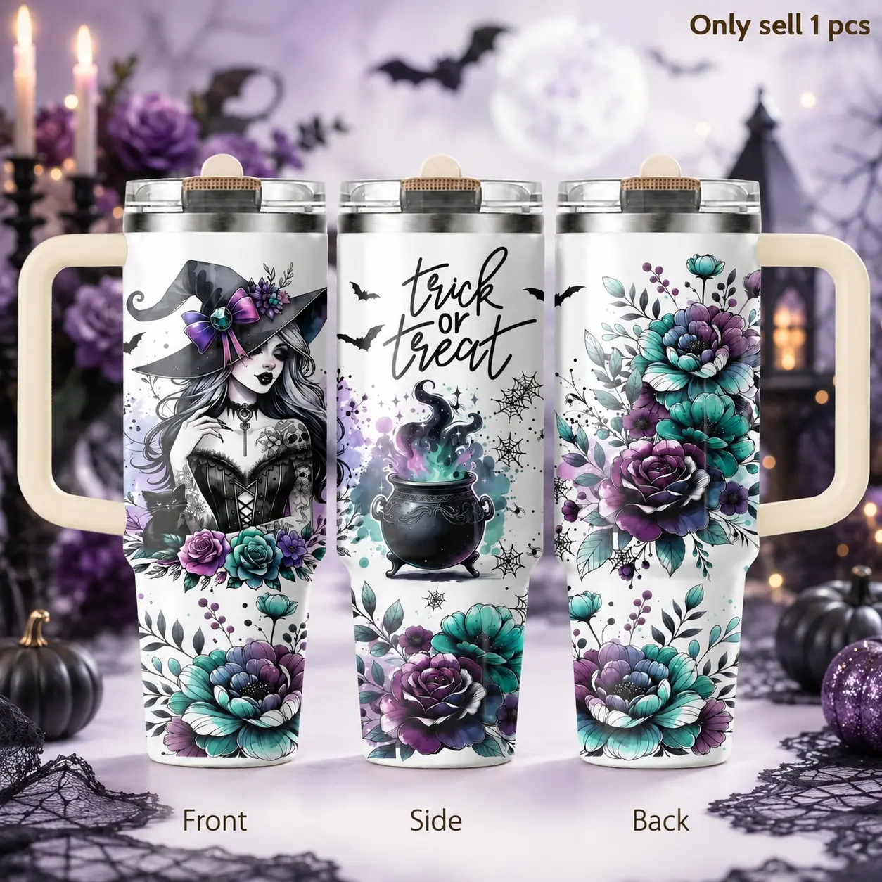 Witchy Halloween 40oz – Spooky Gothic Stainless Steel Insulated Travel Mug with Handle & Straw Lid for Coffee, Water, Party Nights, Office, Car, Seasonal Halloween Gift, Insulated Drink Tumbler
