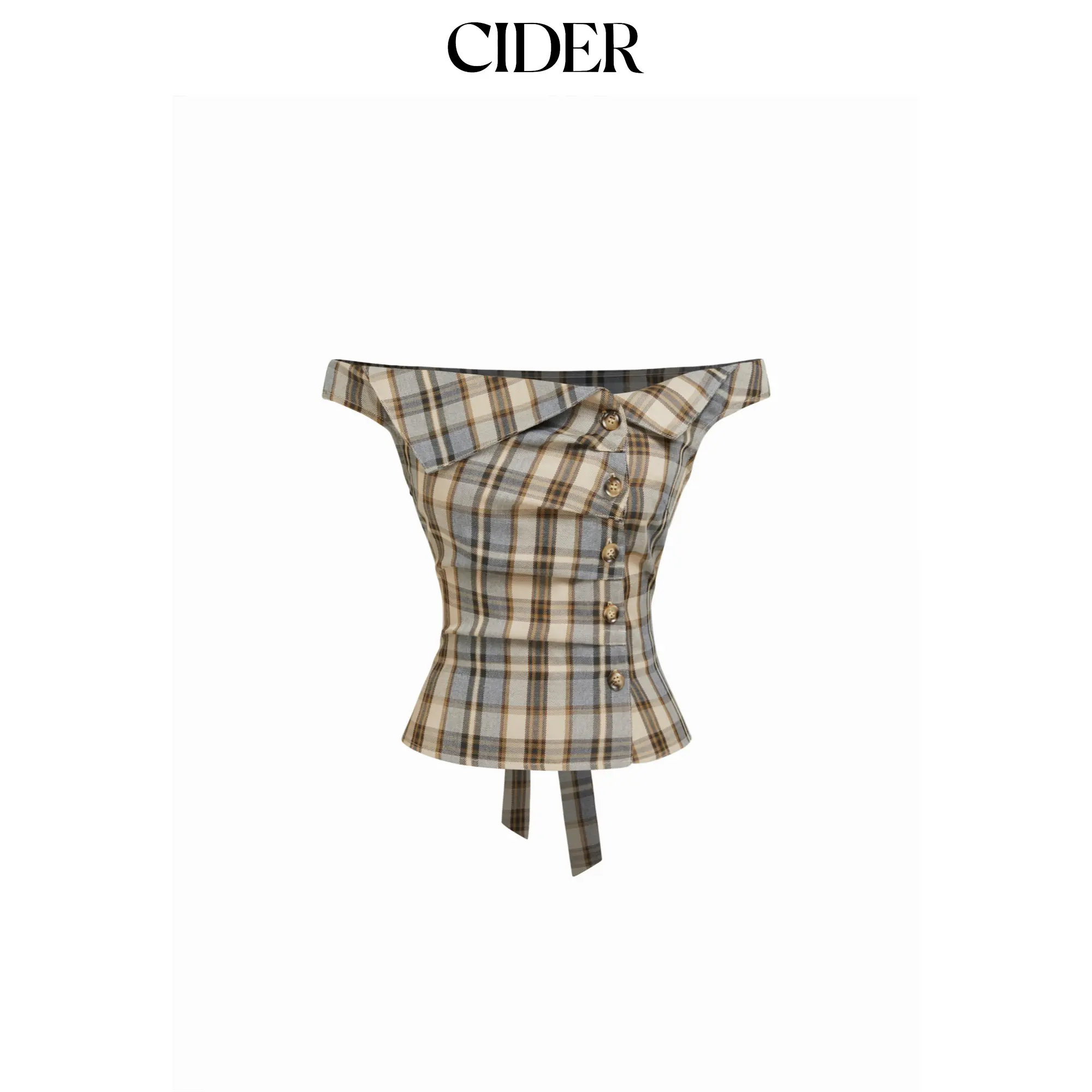 Cider Plaid Asymmetrical Neck Ruched Short Sleeve Blouse SummerWins SummerFinds