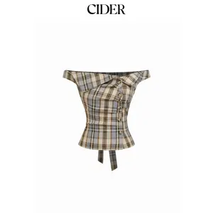 Cider Plaid Asymmetrical Neck Ruched Short Sleeve Blouse SummerWins Dealsforyou