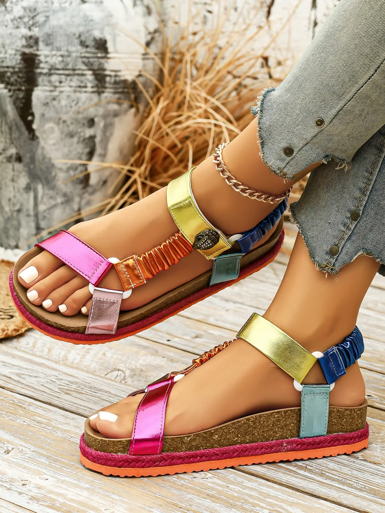 Women's Rainbow Color Block T-Strap Sandals, Soft Cork Cushion Sole, Adjustable Elastic Ankle Strap, Summer Beach Comfort Footwear