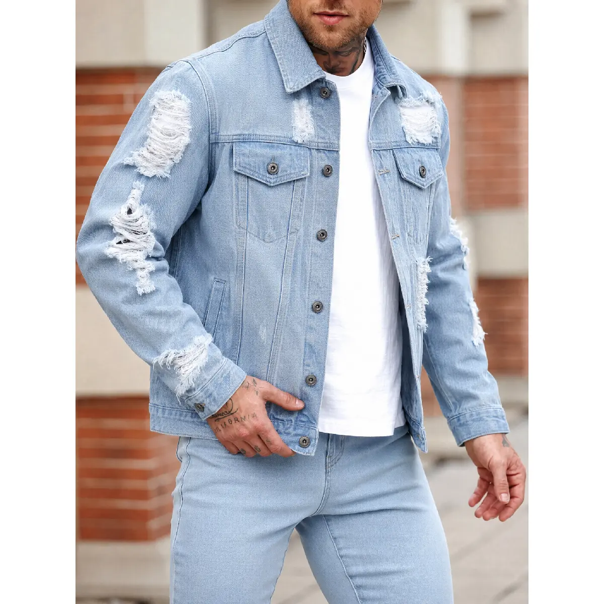 Men's Distressed Light Wash Denim Jacket, Vintage Ripped Button Down Jean Trucker Jacket, Classic Turn Down Collar Long Sleeve Regular Fit Denim Coat with Chest Flap Pockets, Casual Streetwear Outerwear for Spring, Fall, Daily Wear