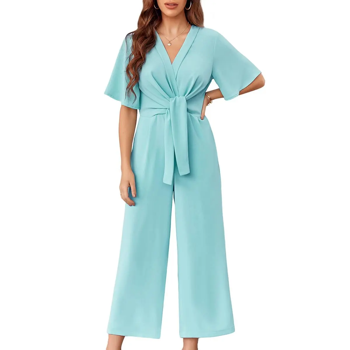 Imily Bela Women's Short Sleeve Wide-Leg Jumpsuit - Pleated Chiffon Fabric, Lightweight, Deep V, Ankle Length, Loose, Basic Elegant Summer Romper with Tie-Knot Front, Tops Compatibility, Hidden Zipper, Ankle‑Long Hem