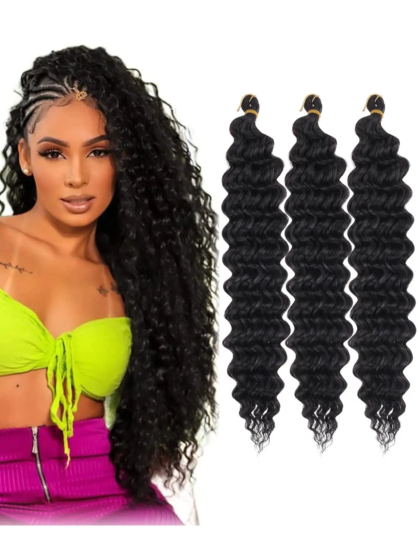 Curl Crochet Hair for Women Curly Crochet Hair Deep Water Wave Beach Curl Crochet Synthetic Fiber Hair Extensions (2 Sizes Available 24 inch、30inch (Pack of 3))