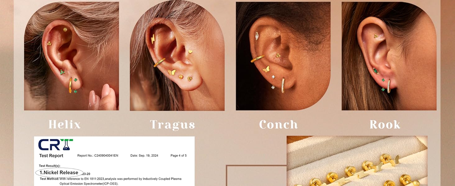 Fashionable  Hypoallergenic Flat Back Earrings Gold Earrings Stacks Set Surgical Stainless Steel Cartilage Earring for Women Dainty Flatback Stud Small Hoop Earring Sets for Multiple Piercing