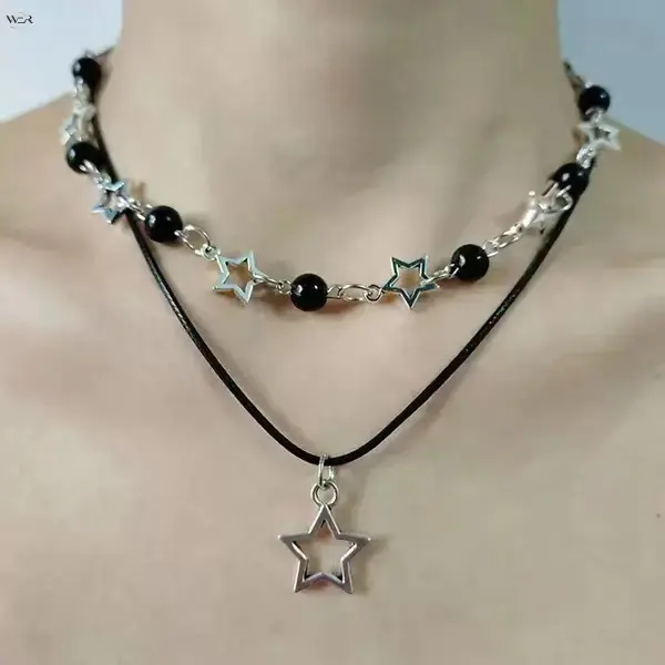 Y2K Double Layer Star Choker Necklace, Black Cord & Beaded Chain with Hollow Star Pendants, Edgy Gothic Layered Neck Jewelry for Daily Streetwear