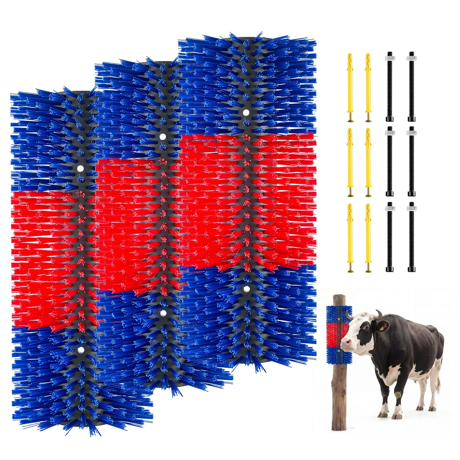 VEVOR Livestock Scratching Brush, 3PCS Goat Scratcher Brush Post with 12 Screws, 16.9" x 7.5" Cow Scratcher for Back Itch Relief, Massage Grooming Scratch Tool for Horse Cattle Sheep Pig, Blue Red