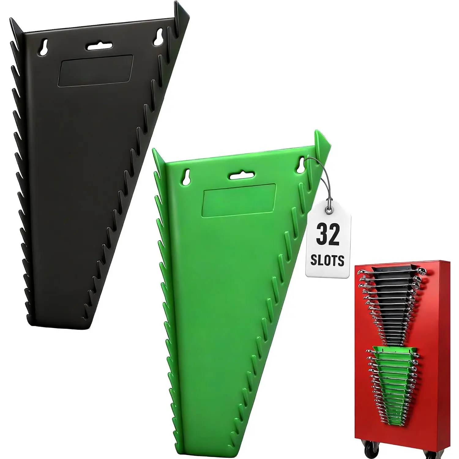 Wrench Organizer 2-, 32-Slot Drawer Storage, SAE (1/4" to 1-1/16"), Metric (6mm to 24mm), Green and Black